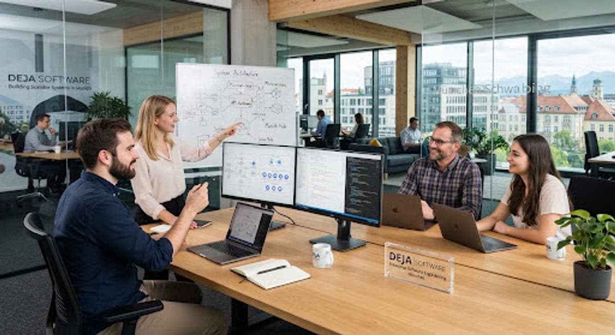 Modernes Software-Engineering-Büro in München-Schwabing mit Architekten an Systemdiagrammen